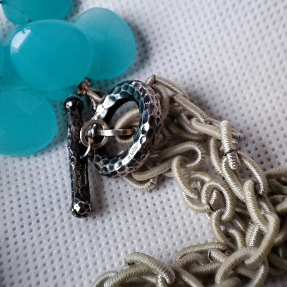 Faceted Glass Aqua Blue Teardrop 3 Strand Acrylic Beaded Necklace Silk Wrapped